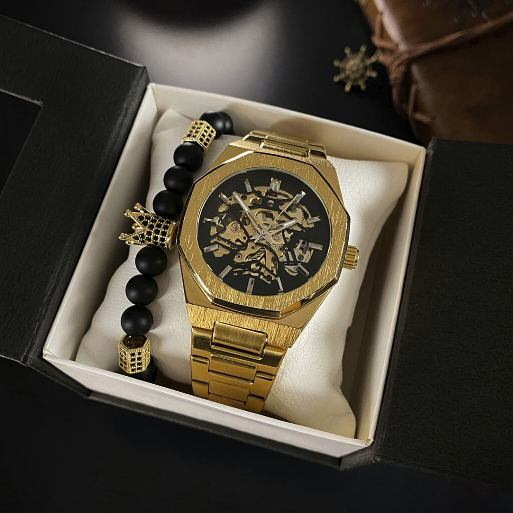 Механічний годинник з автопідзаводом Forsining Skeleton (gold)