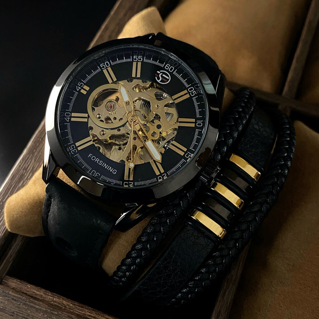Механічний годинник з автопідзаводом Forsining Skeleton (black)