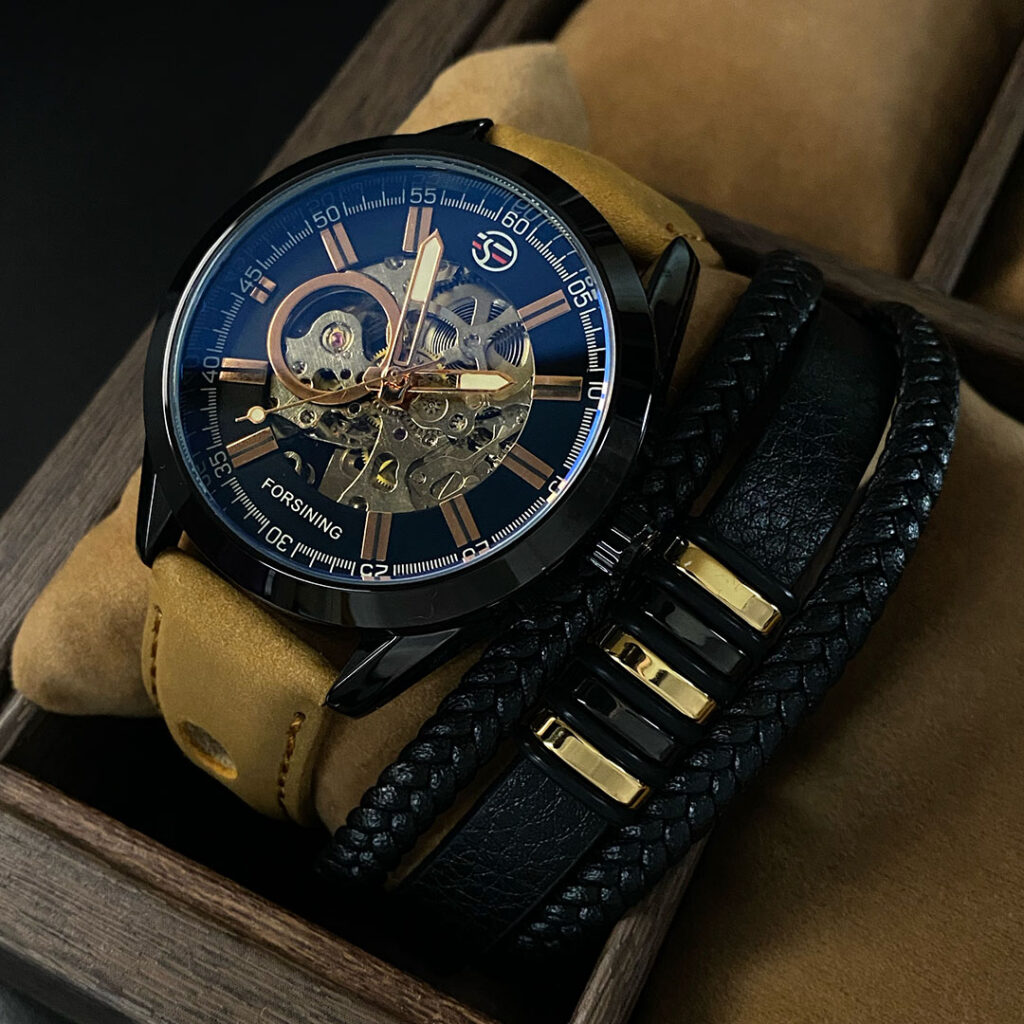 Механічний годинник з автопідзаводом Forsining Skeleton (black-brown)