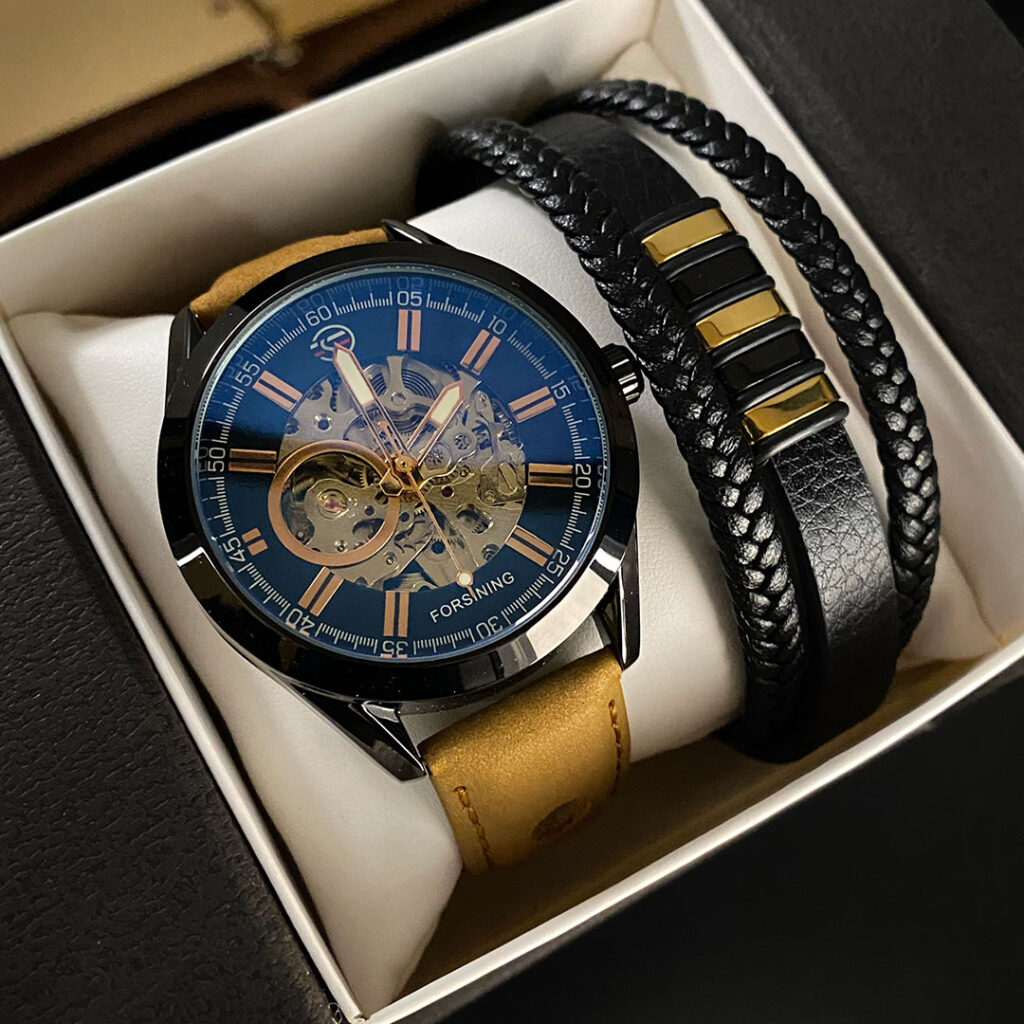 Механічний годинник з автопідзаводом Forsining Skeleton (black-brown)