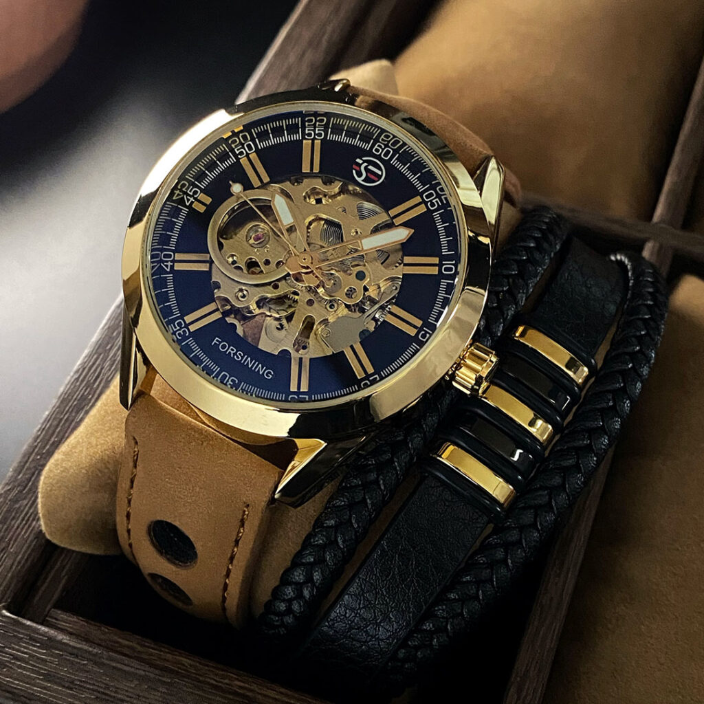 Механічний годинник з автопідзаводом Forsining Skeleton (gold-brown)