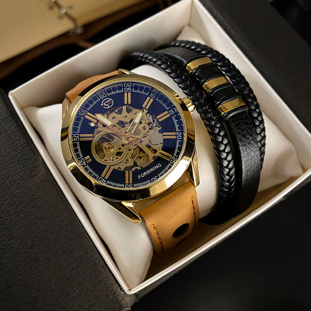 Механічний годинник з автопідзаводом Forsining Skeleton (gold-brown)