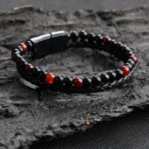 Плетений чоловічий шкіряний браслет Red stones з каменями