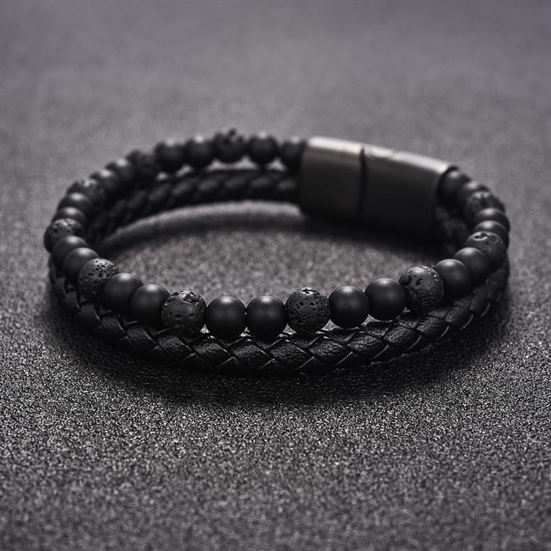 Плетений чоловічий шкіряний браслет Black stones з каменями Плетений чоловічий шкіряний браслет Black stones з каменями