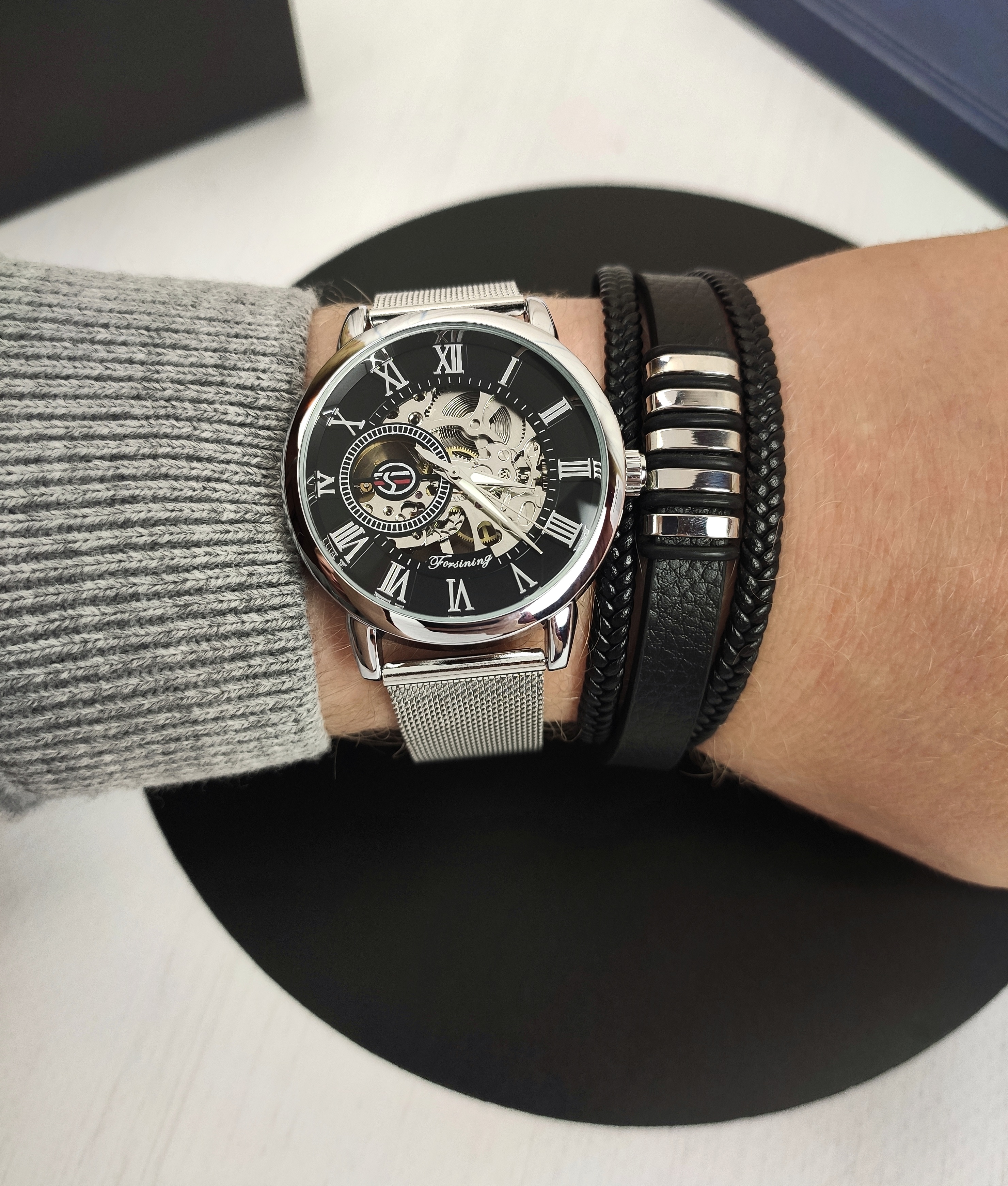 Плетений чоловічий шкіряний браслет Black Silver Плетений чоловічий шкіряний браслет Black Silver